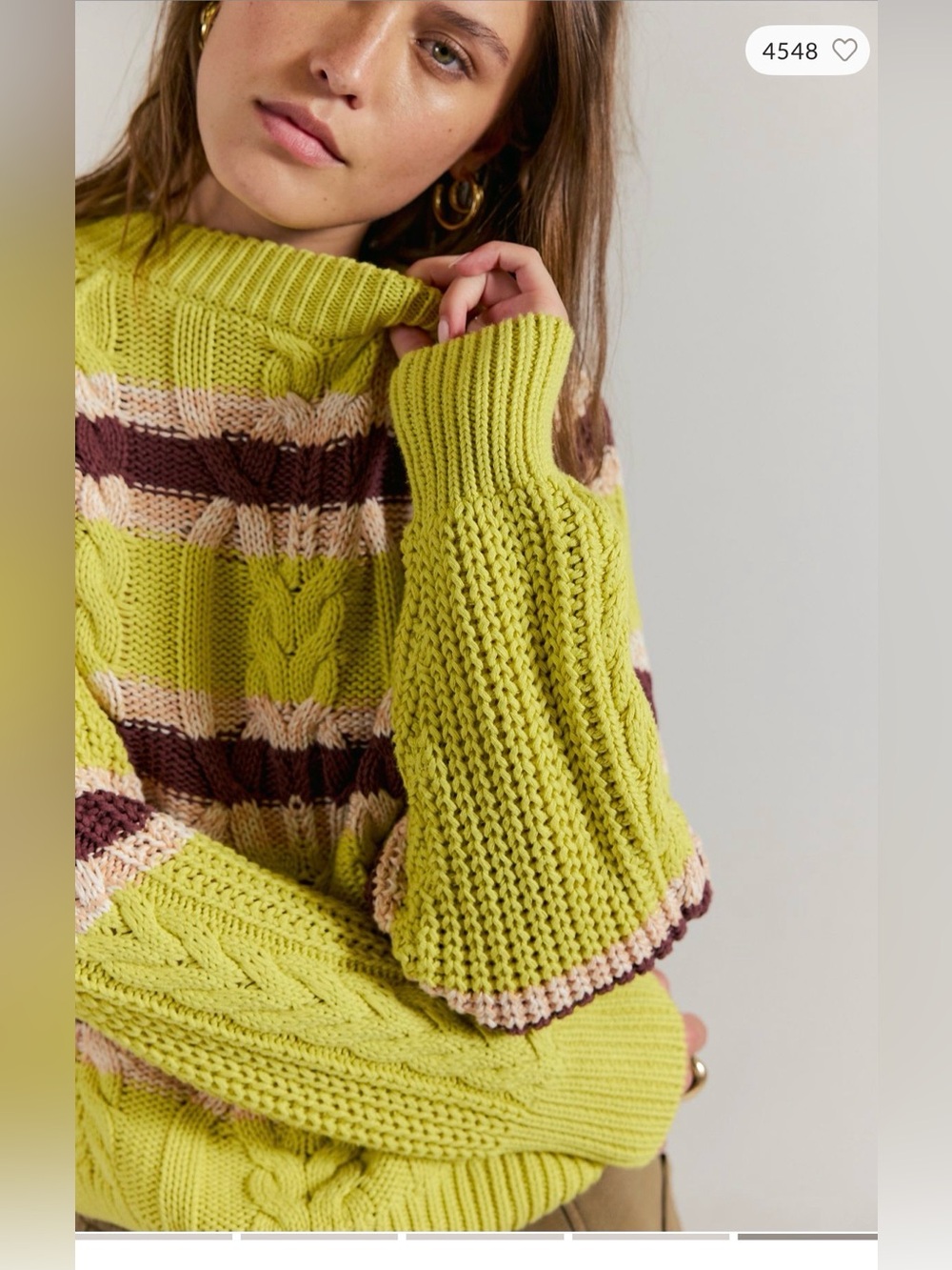 Free people Frankie Striped Cable Knit Cotton Sweater. NWT. Avocado cream